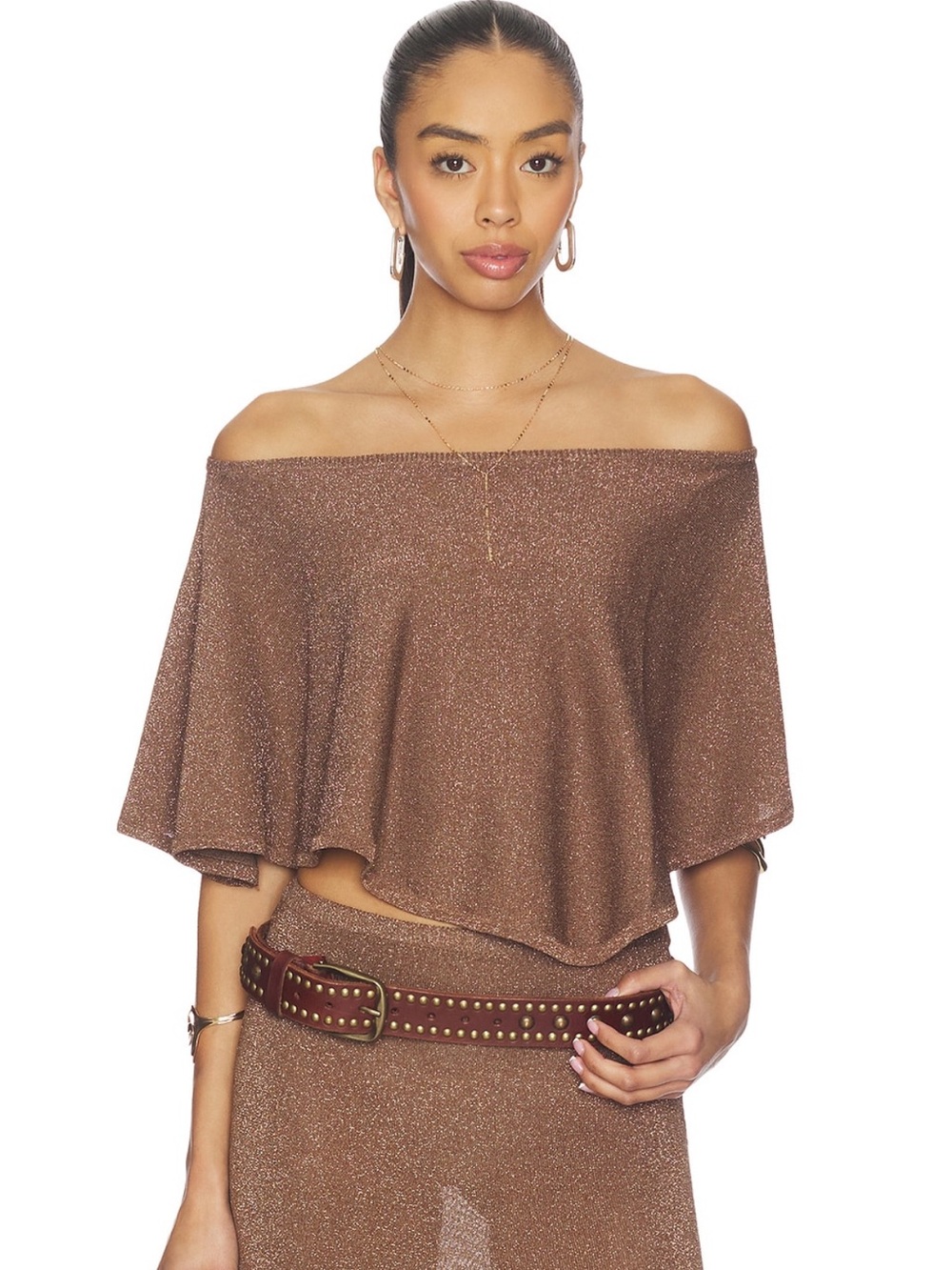 superdown Off-Shoulder Metallic Top in Bronze